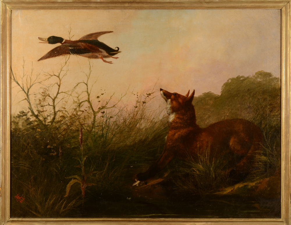 Adolphe Cnops Fox and Duck 1868 — large format oil on canvas in the original frame