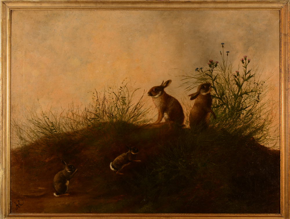 Adolphe Cnops — Une famille de lapins dans un paysage, huile sur toile 19e, signée
