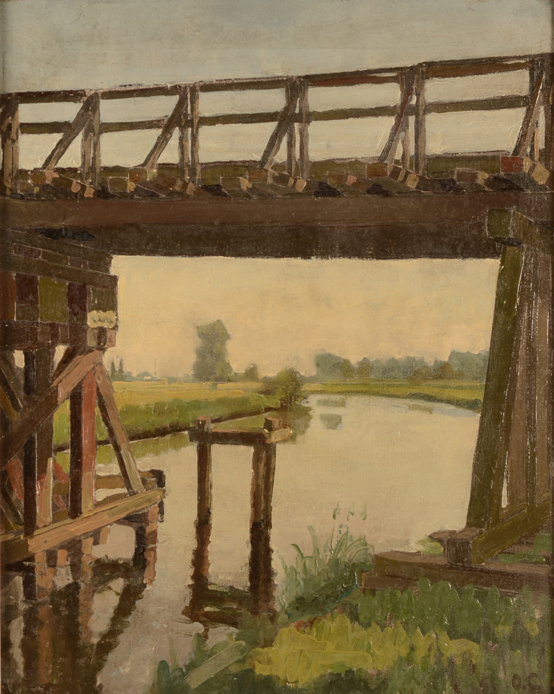 Oscar Coddron — le pont provisoire, huile sur toile, signée