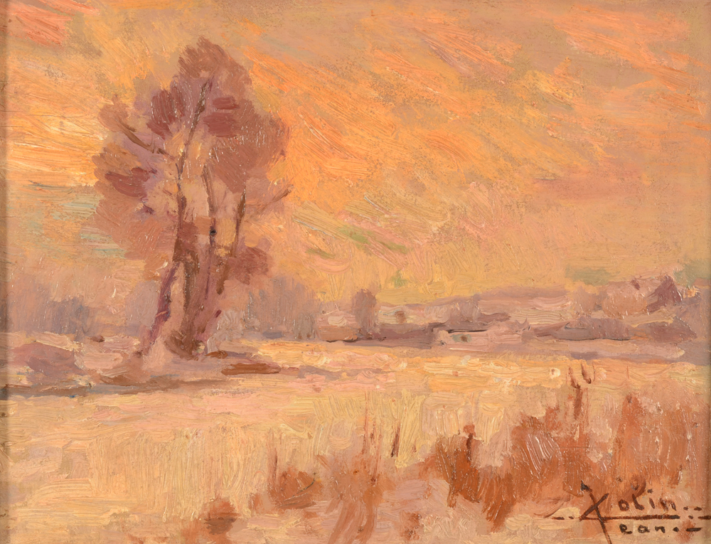 Jean Colin — Vue d'une rivière (la Lys?) gelée et paysage enneigée, huile sur panneau signée