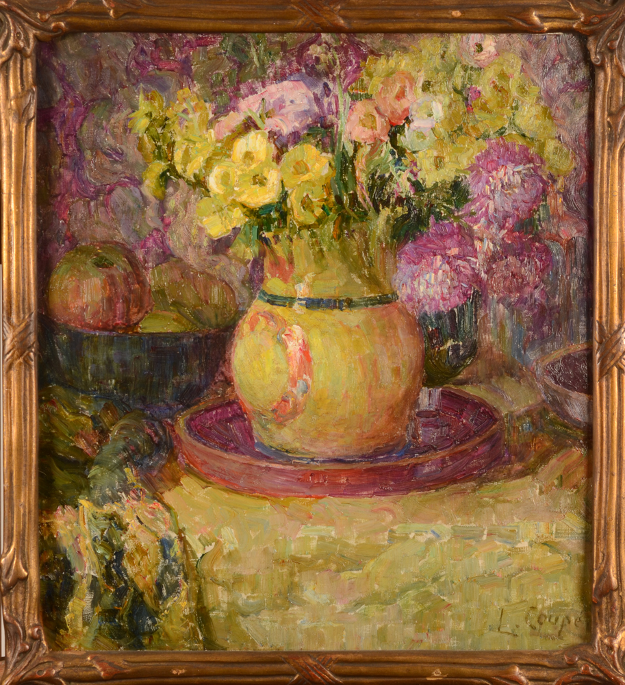 Louise Coupé — Dernières fleurs, huile sur toile dans son cadre d'origine