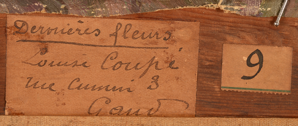 Louise Coupé — Detail of the label with title, at the back of the strecher