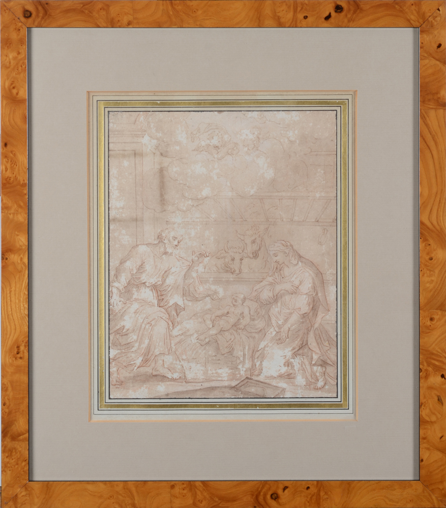 Old Master drawing, the nativity, Flemish school — The drawing in its modern frame