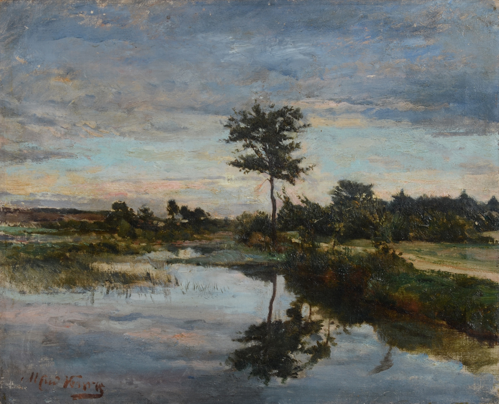 Alfred Verwee Paysage à la Campine — Early realist, impressionist landscape by this member of the Brussels' Société Libre des Beaux-Arts, painted in the 1870's.