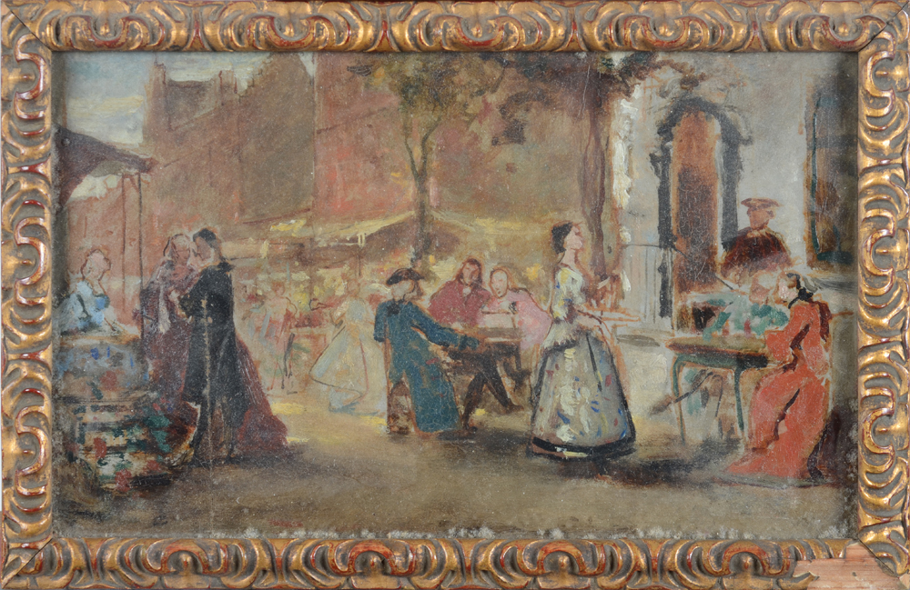Auguste Serrure — Vue de marché, rare esquisse huile sur toile signée
