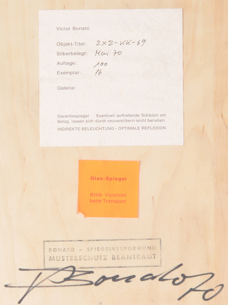 Victor Bonato — Back of the work with signature of the artist and date and various labels by the artist