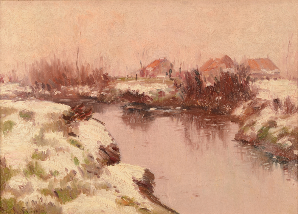 René De Baugnies Winter River — Rivière en hiver, huile sur toile
