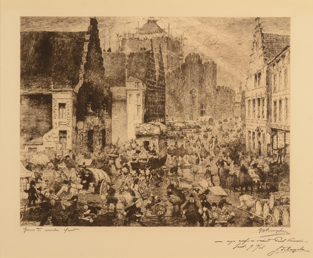 Jules De Bruycker — Jour de marché à Gand, eau-forte de 1906, cette impression de 1908 avec dédicace importante