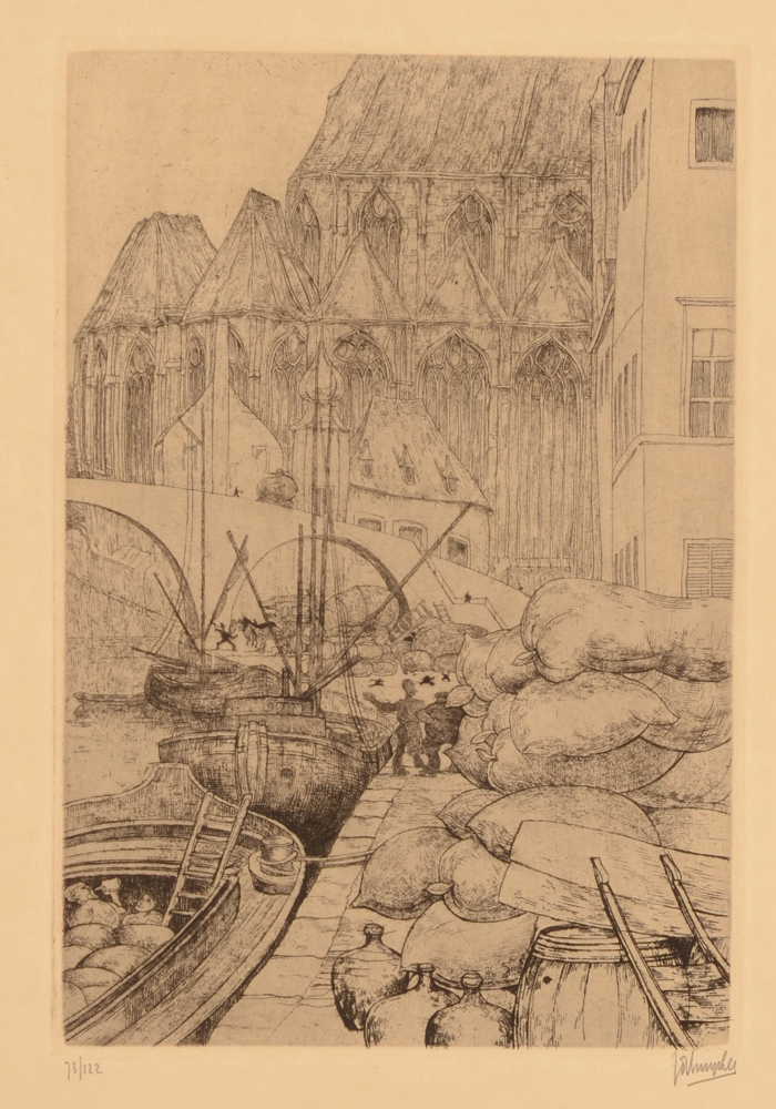 Jules De Bruycker — Quai au Ble or Korenlei in the centre of Gent, original etching