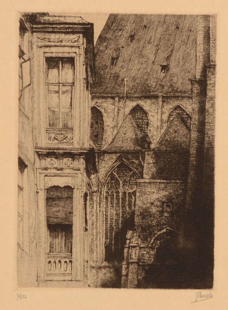 Jules De Bruycker — Maison Bourgeouise, an 18th century house that still exsists near St-Michaels church, original etching