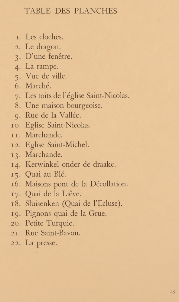 Jules De Bruycker — Table of contents, titles of the original etchings