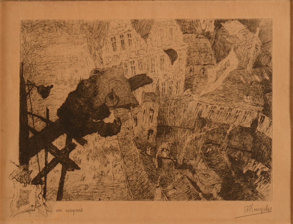 Jules De Bruycker  — Eau-forte figurant un artiste dessinant la ville du Beffroi de Gand
