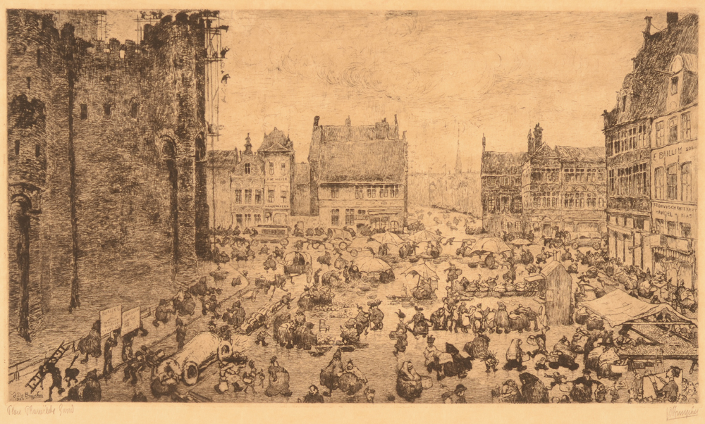 Jules De Bruycker Veerleplein Ghent — Place Saint Pharailde à Gand, gravure signée, titrée