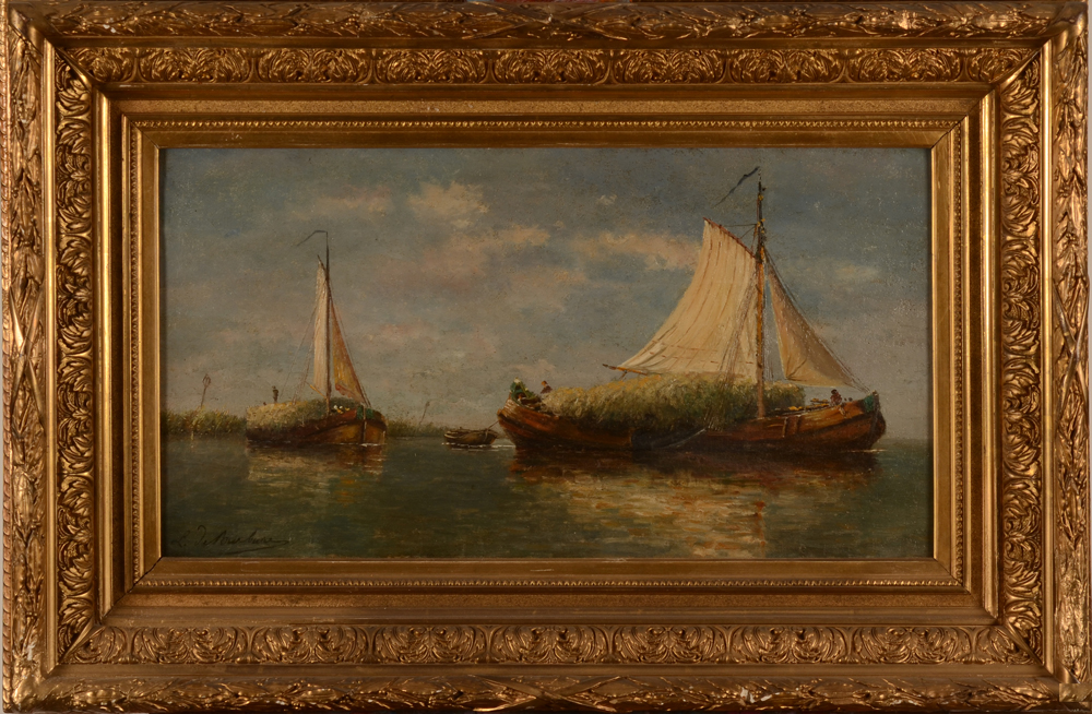 De Burbure Louis Flatbottom Boats transporting Harvest — In its original frame
