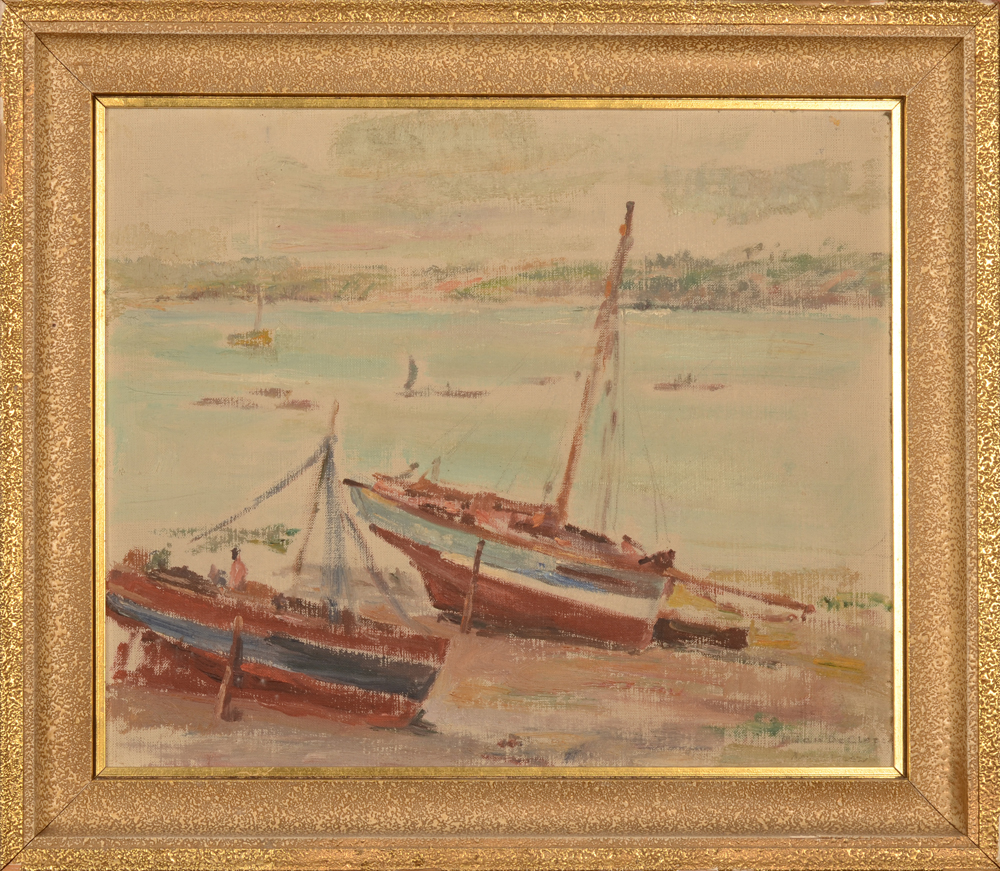 Pieter Jan De Clercq Fishing Boats ashore — with the original frame (damaged)