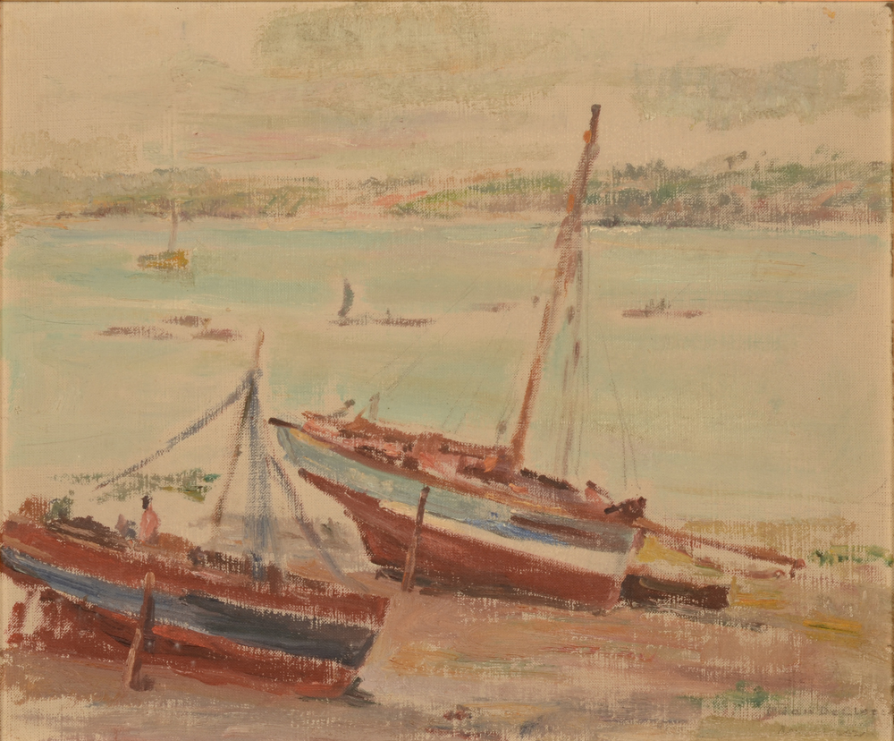 Pieter Jan De Clercq Fishing Boats ashore — huile sur toile sur panneau
