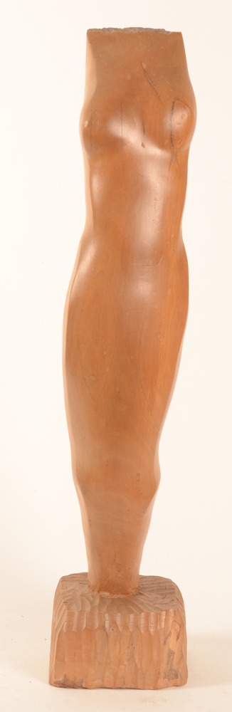 Bert de Clerck  wooden sculpture of a standing torso — Nu féminin sculpté en bois