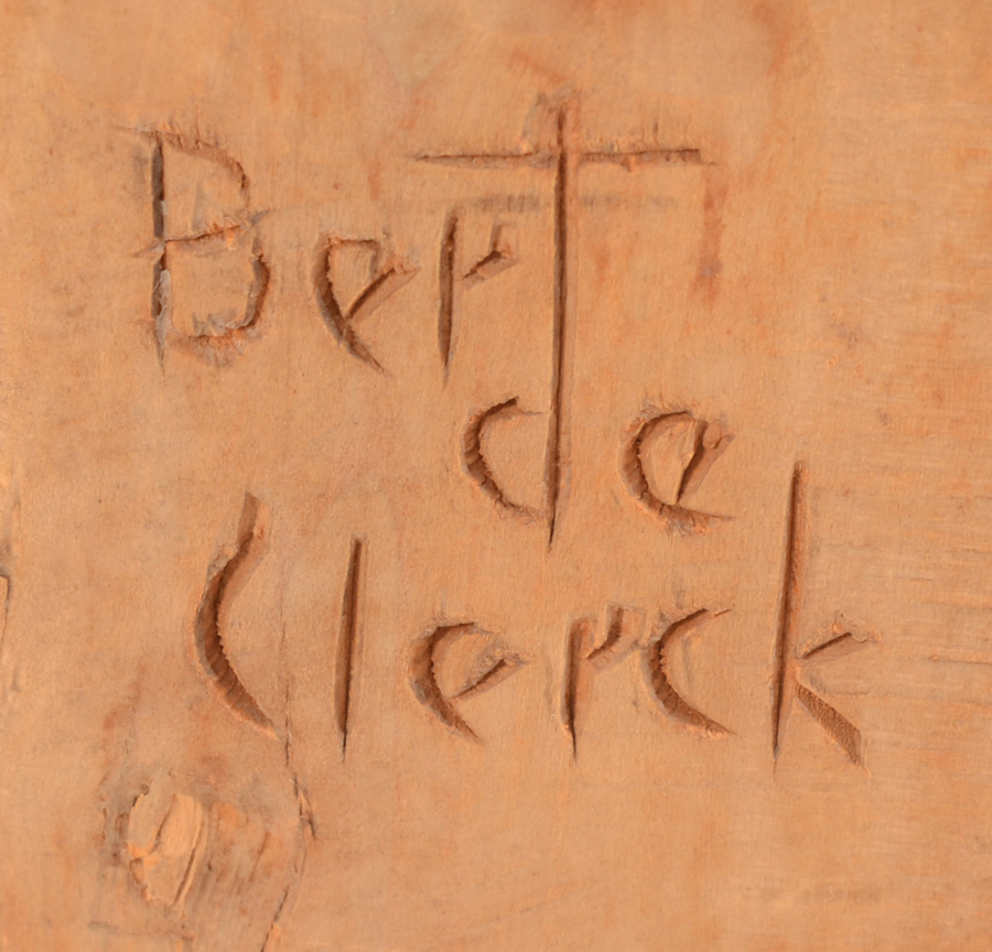 Bert de Clerck  wooden sculpture of a standing torso — signature
