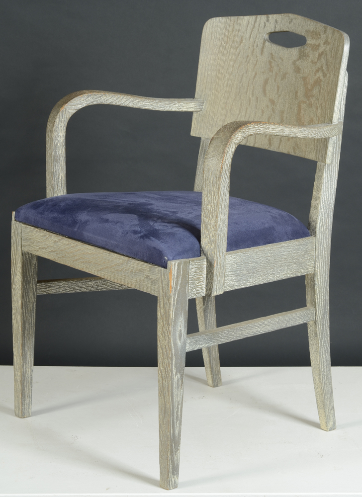 De Coene Freres — One of a set of 8 arm chairs, with two types of upholstery. Marked De Coene, possibly designed by Paul Vandenbulcke.