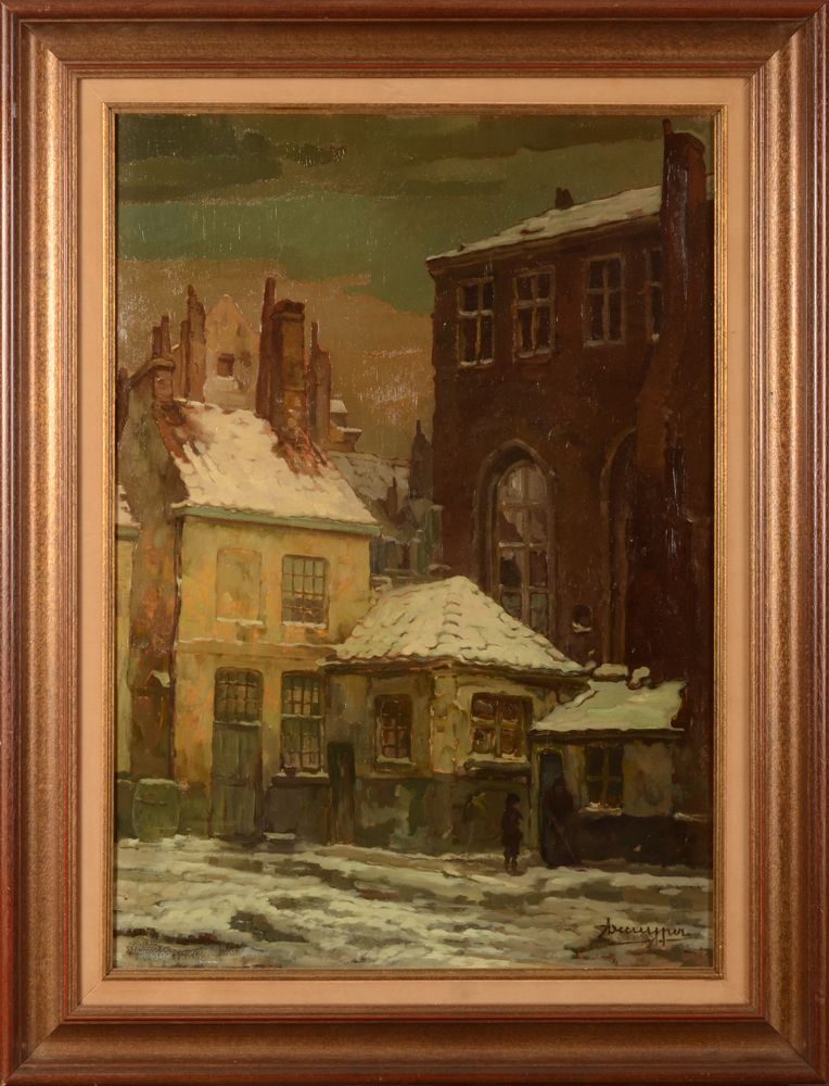 Alfons De Cuyper — Une vue de Gand dans la neige, huile signe