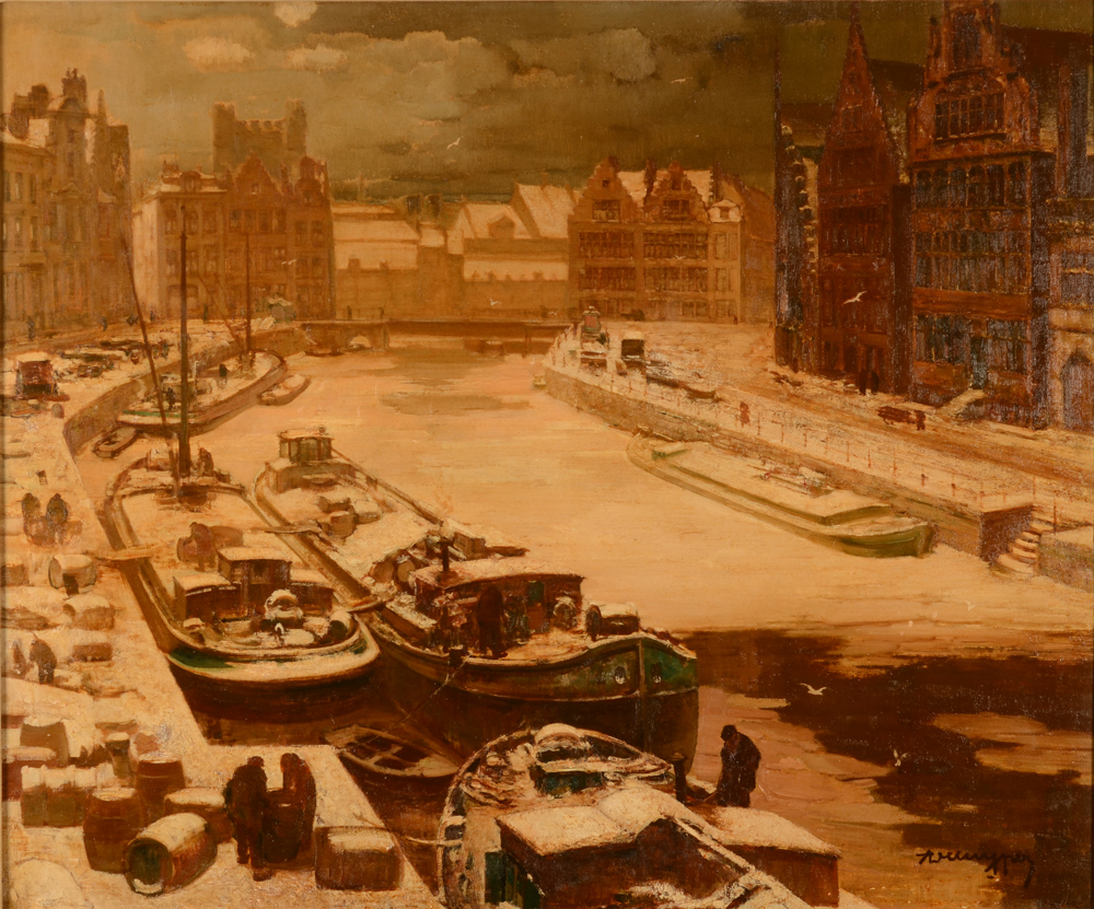 Alfons De Cuyper — grande vue du vieux port de Gand sous la neige, huile sur toile signée