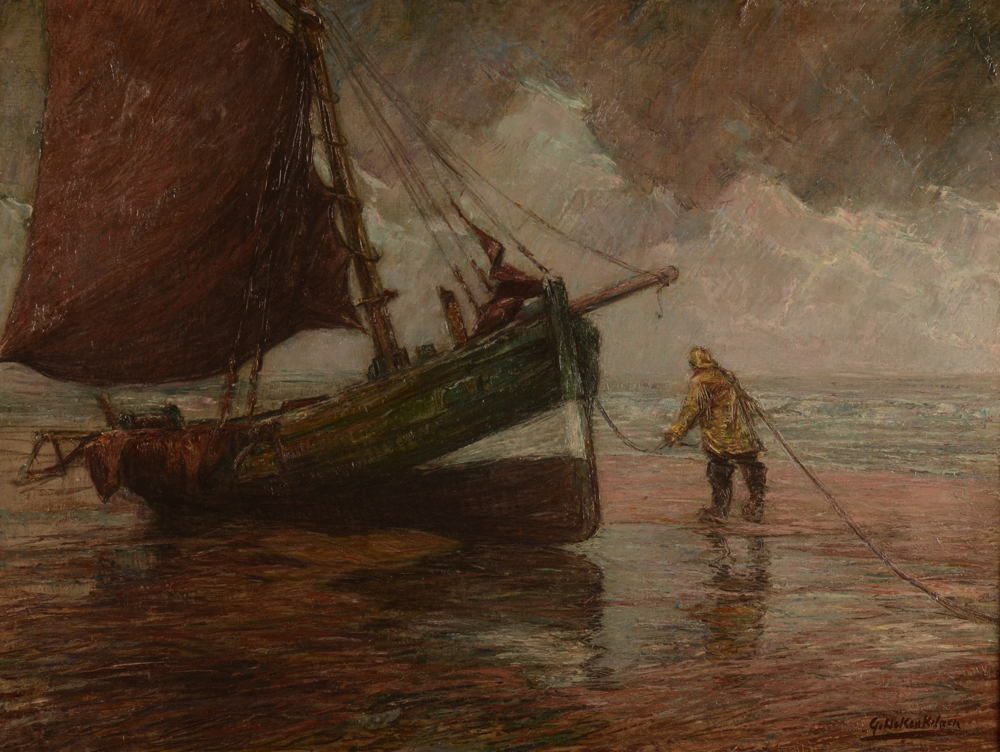 Gustave De Keukelaere — Un pêcheur préparant de partir à la pêche, huile sur toile signée