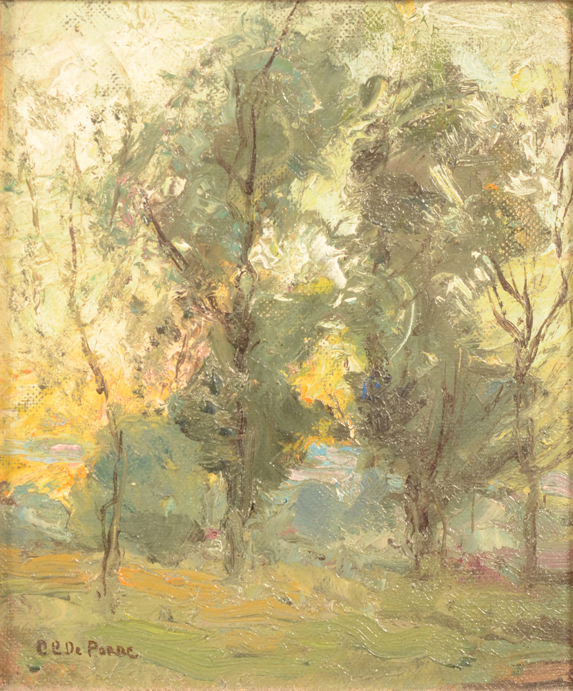 Clement or Clément De Porre  — Arbres et soleil couchant, huile sur toile marouflée, signée