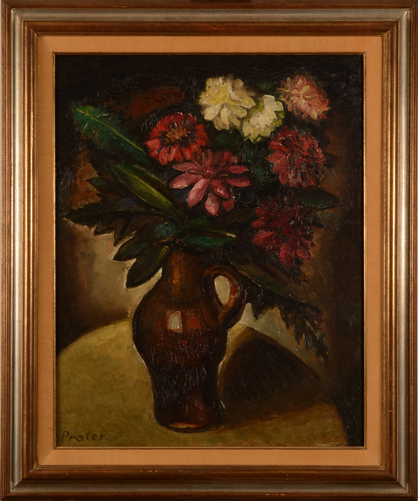 Julius De Praetere — Cruche avec fleurs, huile sur toile expressioniste importante, signée et titrée