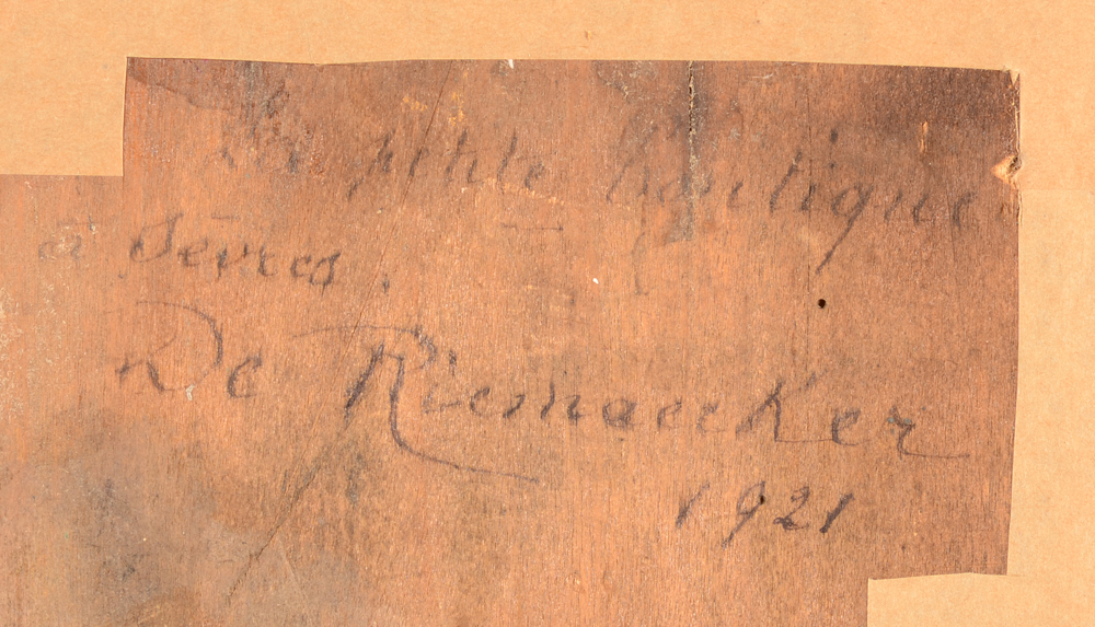 Carl De Riemaecker — Signature of the artist, date and title on the back of the painting