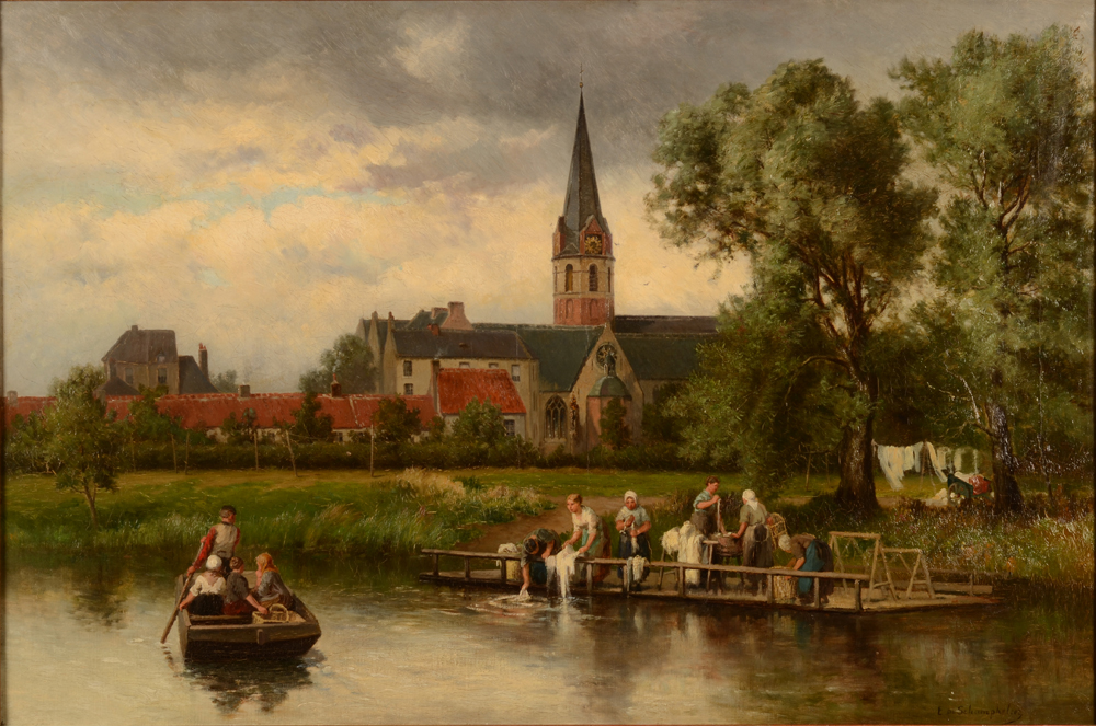 Edmond de Schampheleer — Les lavandières à Gand, près de l'église d'Ekkergem, rare vue topographique du fin du 19e siècle, huile sur toile signée