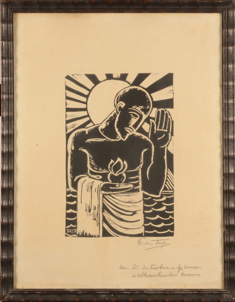 Prosper De Troyer — St-Jean Baptiste, linogravure (?) expressioniste sur papier, signée et dédicacée