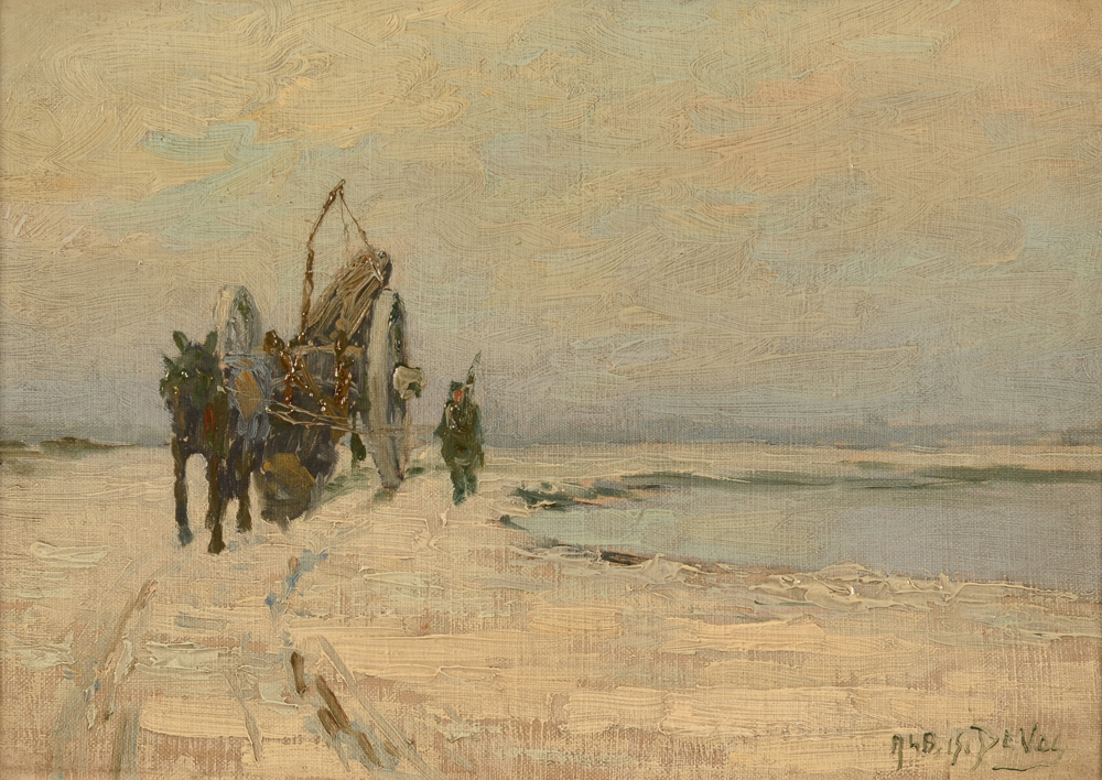 Albert Isidore De Vos — Le bûcheron dans la neige près de la Lys, huile sur toile signée