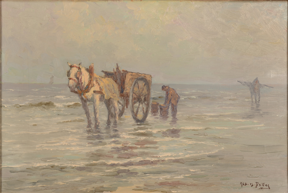 Albert Isidore De Vos — Pêcheurs de crevettes à la côte belge, huile sur toile
