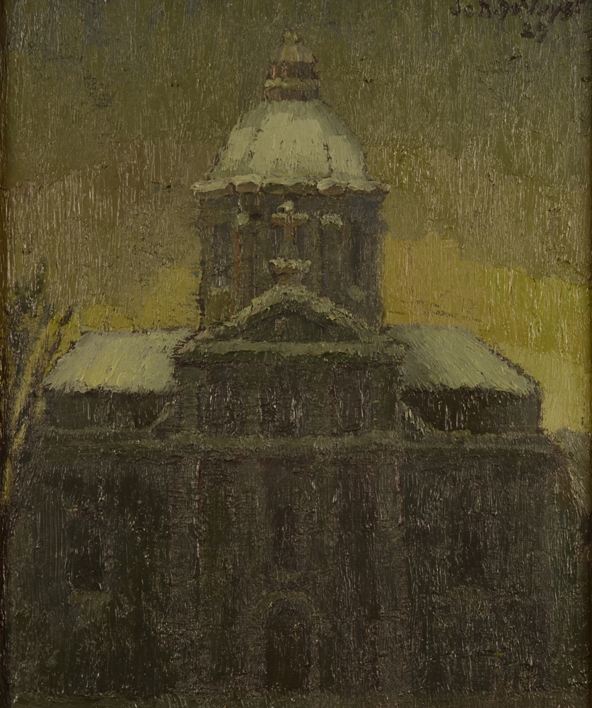 Jo. N. De Vuyst — L'Eglise St-Pierre à Gand dans la neige, huile sur toile expressioniste, typique, de ce petit maître gantois