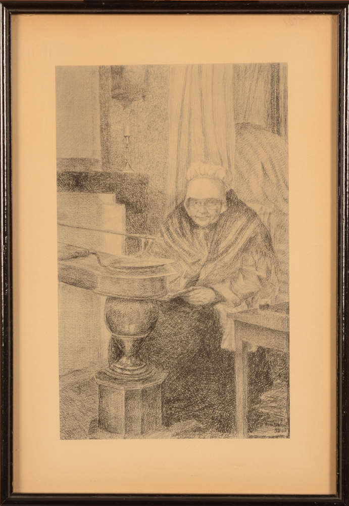 Anna de Weert — Beguine, près du poêle, photolithographie, signée et datée dans l'image