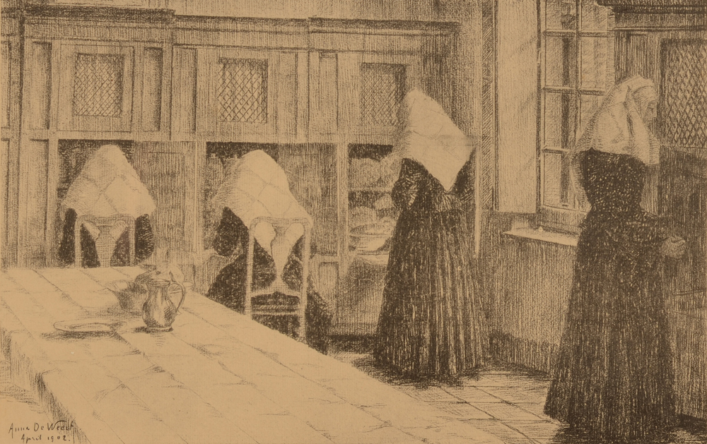 Anna de Weert — photo-lithographie originale illustrant la vie au béguinage de Gand