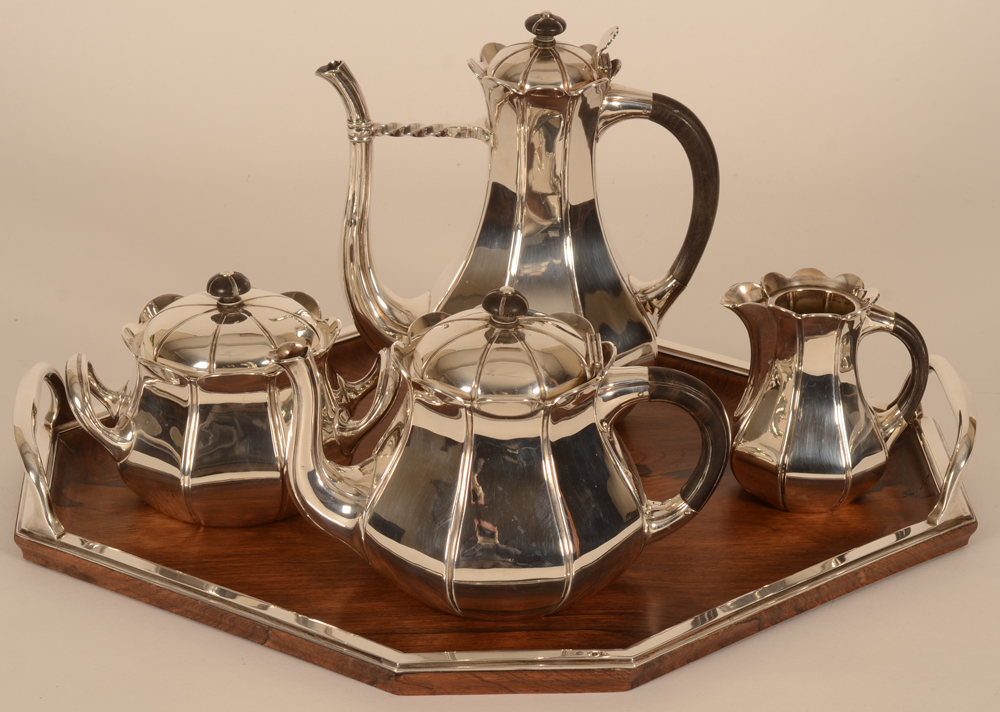 Alphonse Debain — Rare service à café et thé en argent massif et bois, années '20