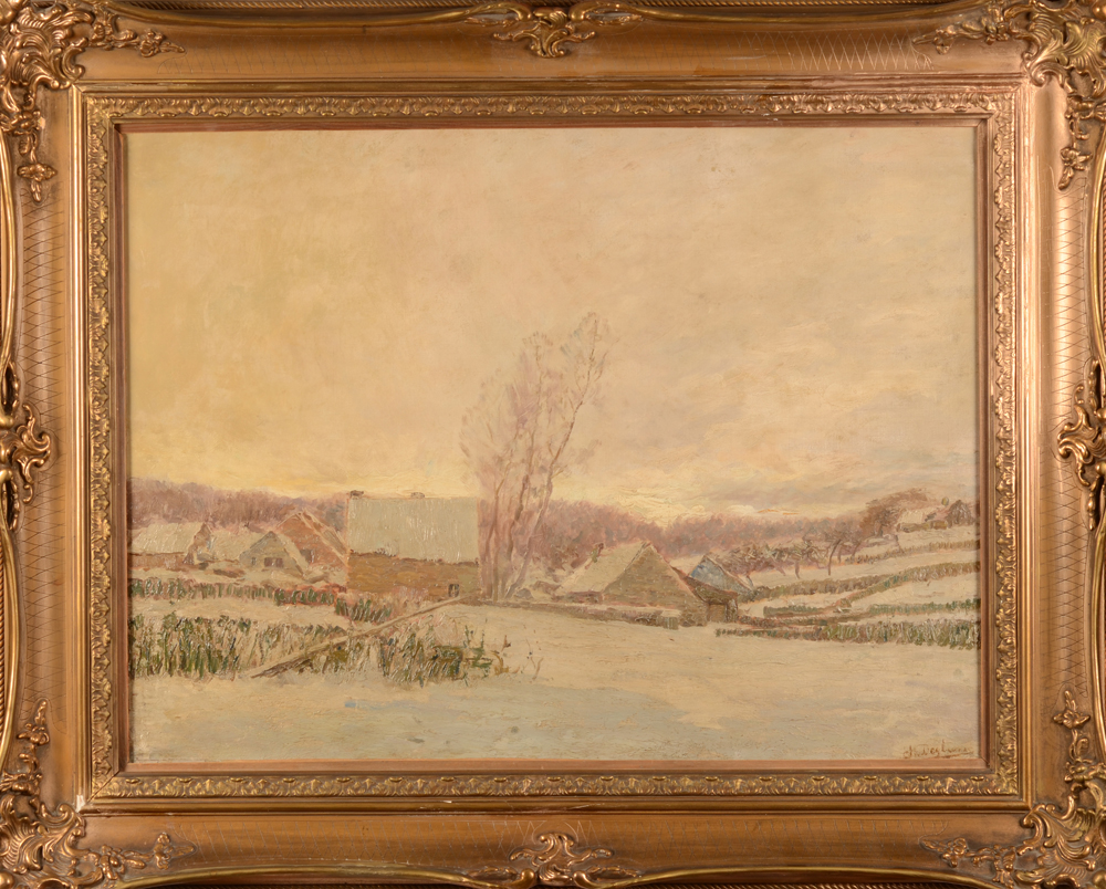 Henri Deglume — Vue de Gerpinnes dans la neige, oeuvre du peintre probablement des années trente.