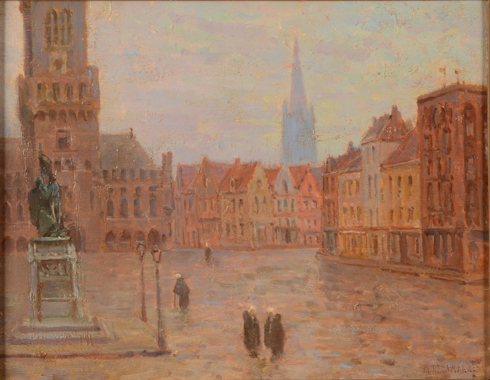 Marcel Marie Delamarre de Monchaux — Vue de Bruges en 1911, de ce peintre parisien vivant à Bruges pendant quelques temps, huile/panneau signée et datée
