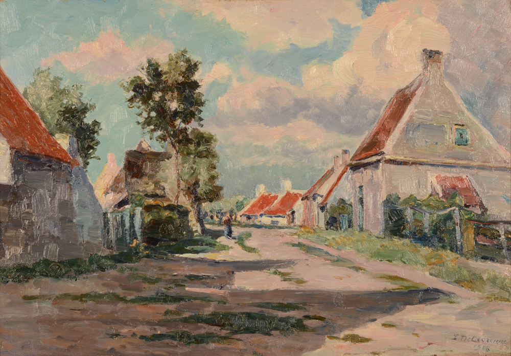 Leon Delderenne Village — Huile sur panneau impressioniste datée 1906