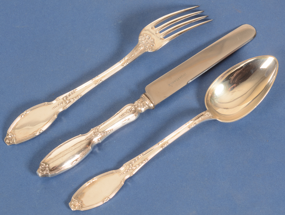 Delheid Frères — In total 131 pieces, solid silver starter's fork, knife and spoon for 12 persons