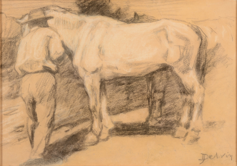 Jean Delvin horse and groom drawing — Dessin monumental d'un cheval avec son éleveur
