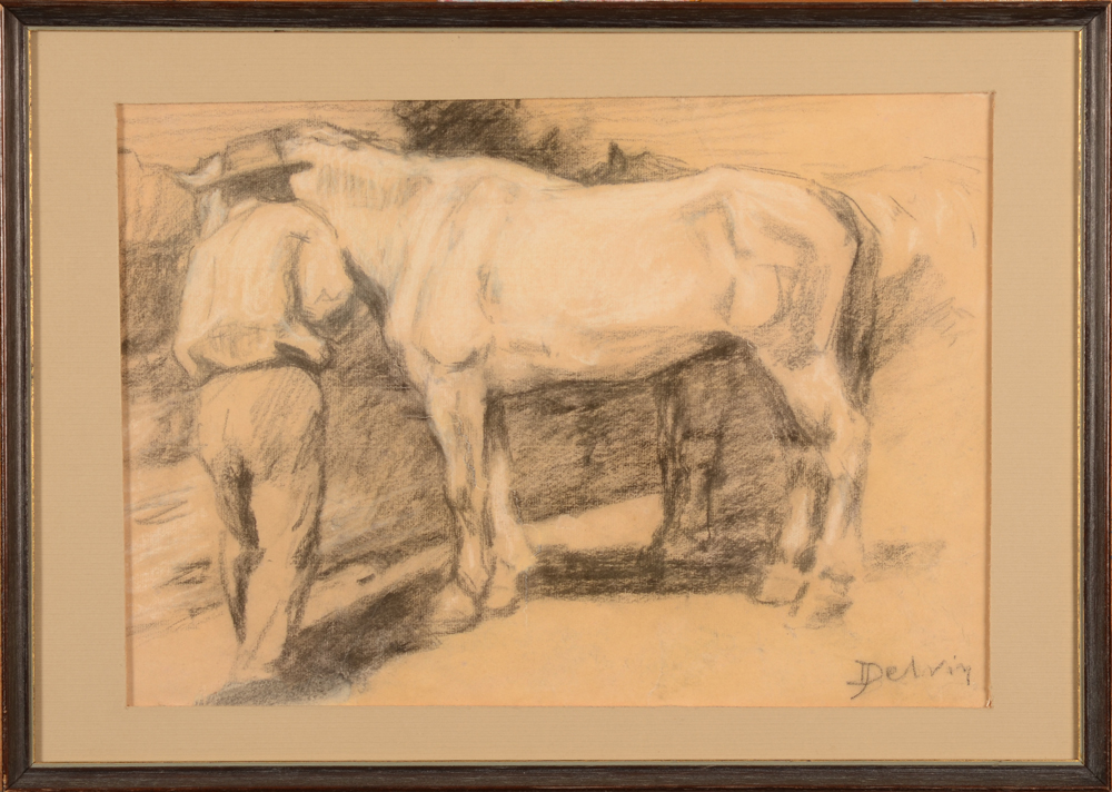 Jean Delvin horse and groom drawing — Dessin au fusain et pastel, composition remarquable