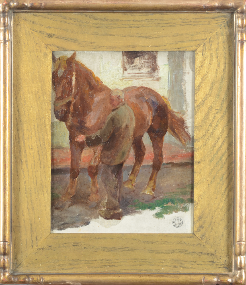 Jean Delvin — A man holding a horse, oil on canvas
