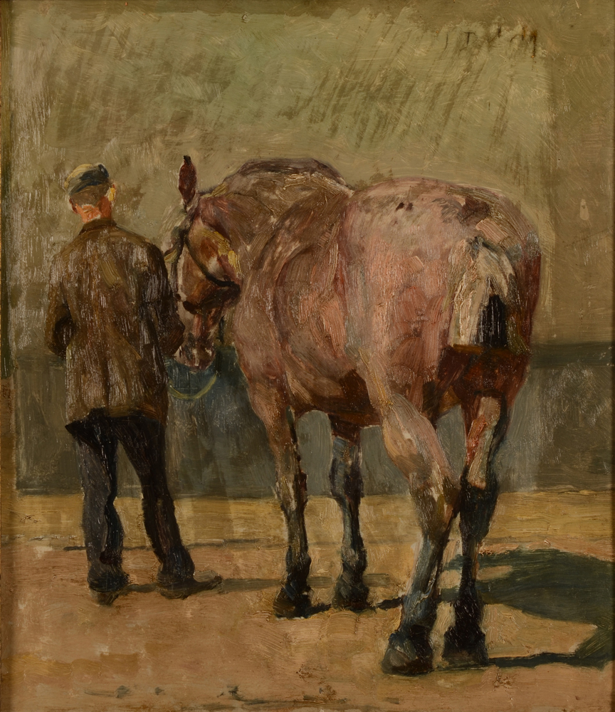 Jean Delvin — Rare peinture à l'huile d'un homme tenant un cheval, signée