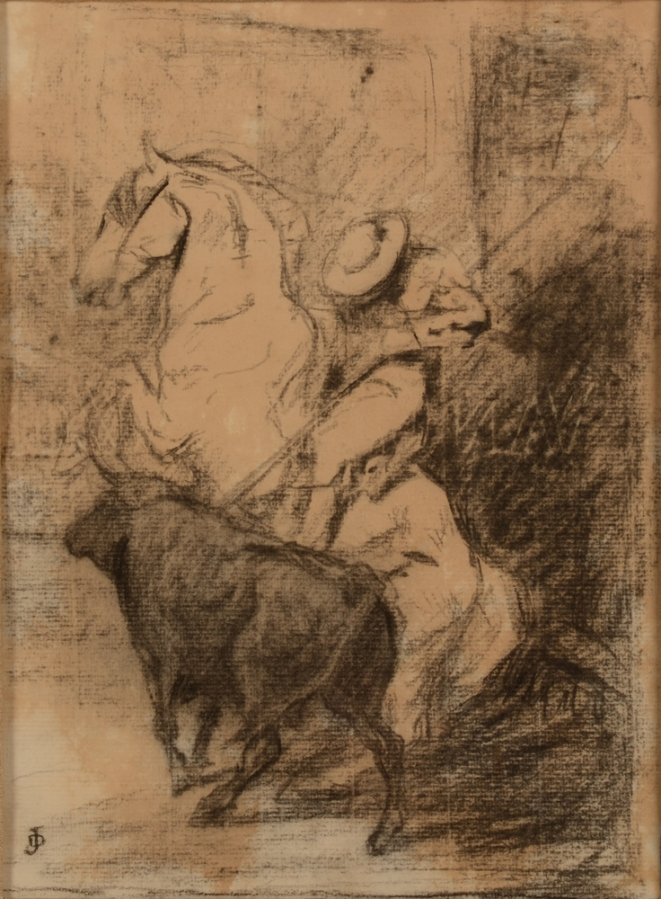 Jean Delvin — Le picador attaqué par le taureau, beau dessin monogrammé
