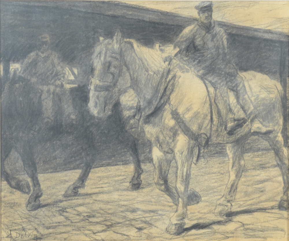 Jean Delvin — Natiepaarden, Antwerpen, een grote houtskooltekening van de meester.