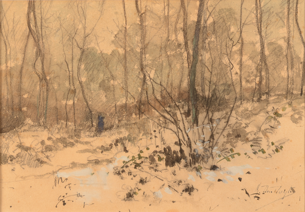 Gustave Den Duyts — Delicate aquarelle et dessin sur papier, vue d'une figure dans un forêt eneigé, signée