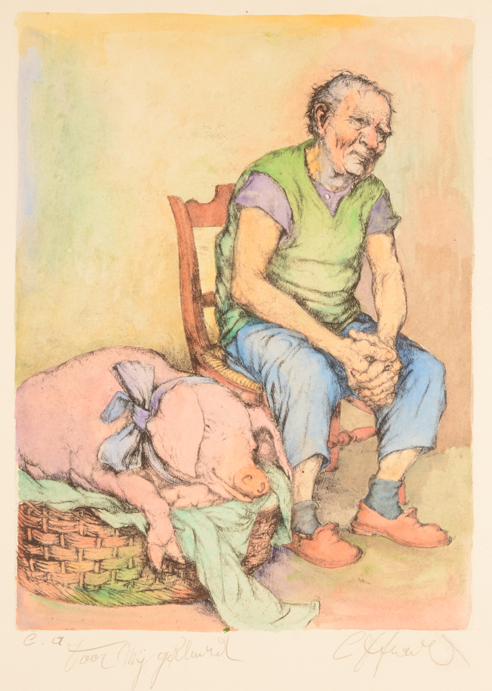 Camille D'Havé — Poème de cochon, eau-forte originale coloriée par l'artiste