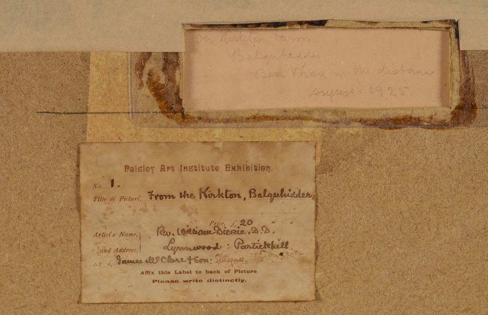 William Dickie — Back of the painting with enscribed title and date by the artist and Paisley Art Institute exhibition label.